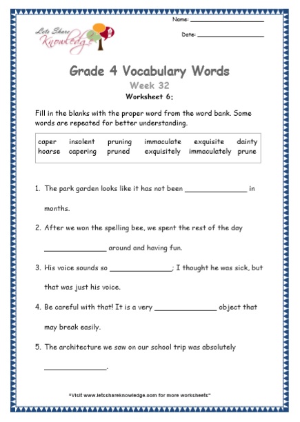  Grade 4 Vocabulary Worksheets Week 32 worksheet 6