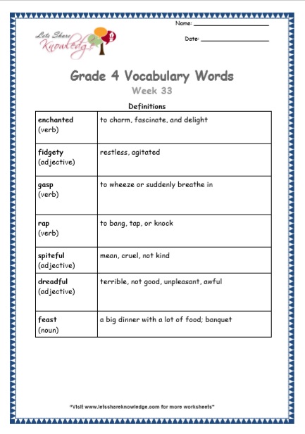Grade 4 Vocabulary Worksheets Week 33 definitions