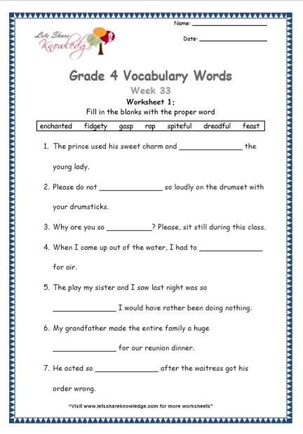 Grade 4 Vocabulary Worksheets Week 33 worksheet 1