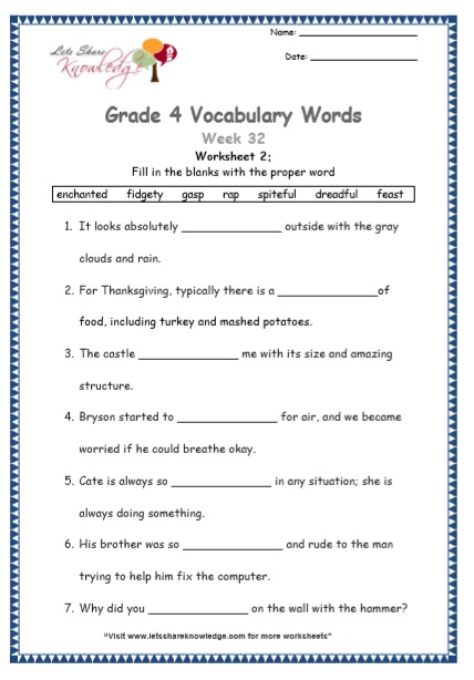 Grade 4 Vocabulary Worksheets Week 33 worksheet 2
