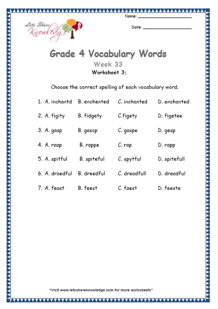  Grade 4 Vocabulary Worksheets Week 33 worksheet 3