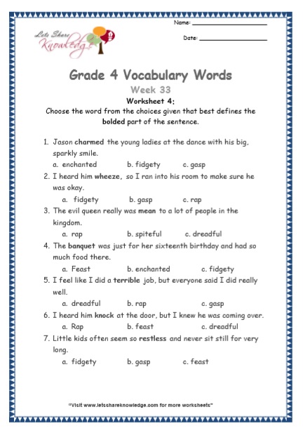  Grade 4 Vocabulary Worksheets Week 33 worksheet 4
