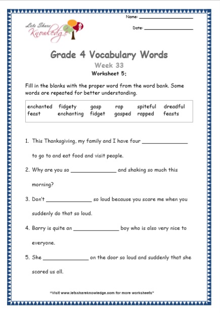  Grade 4 Vocabulary Worksheets Week 33 worksheet 5