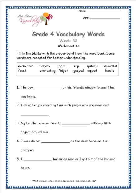 Grade 4: Vocabulary Worksheets Week 33 – Lets Share Knowledge