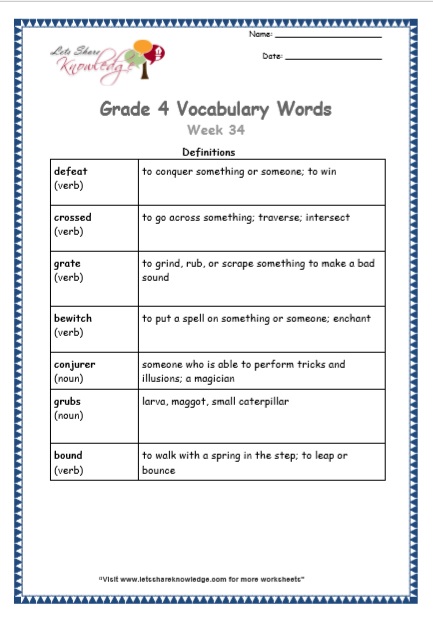 Grade 4 Vocabulary Worksheets Week 34 definitions