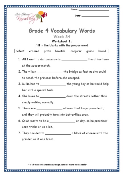 Grade 4 Vocabulary Worksheets Week 34 worksheet 1