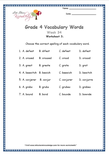  Grade 4 Vocabulary Worksheets Week 34 worksheet 3