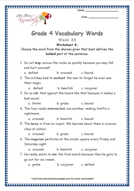  Grade 4 Vocabulary Worksheets Week 34 worksheet 4