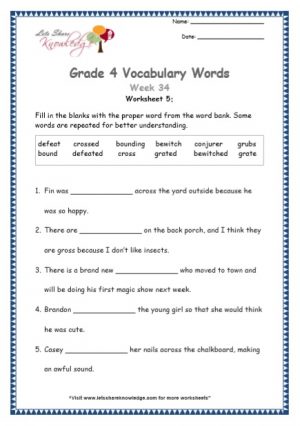 Grade 4: Vocabulary Worksheets Week 34