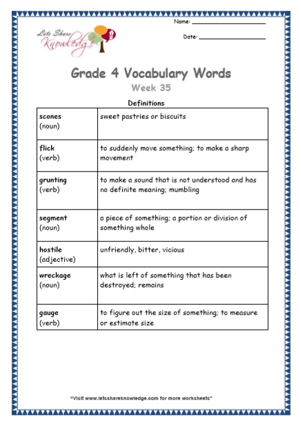 Grade 4 Vocabulary Worksheets Week 35 definitions