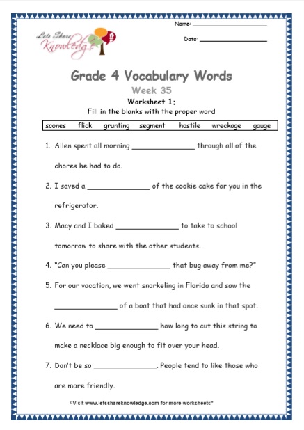 Grade 4 Vocabulary Worksheets Week 35 worksheet 1