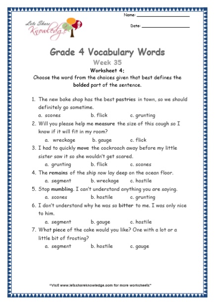 Grade 4: Vocabulary Worksheets Week 35