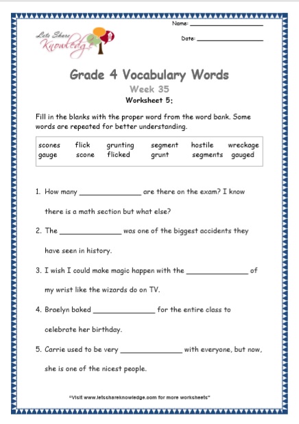  Grade 4 Vocabulary Worksheets Week 35 worksheet 5
