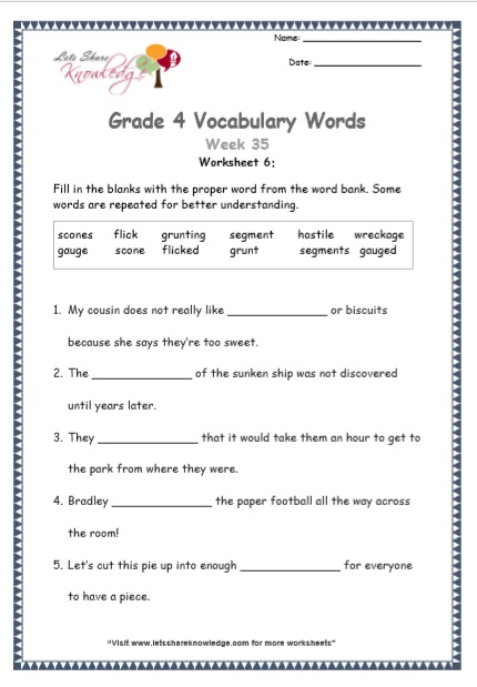 Grade 4: Vocabulary Worksheets Week 35 – Lets Share Knowledge