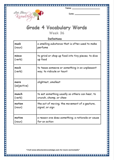 Grade 4 Vocabulary Worksheets Week 36 definitions