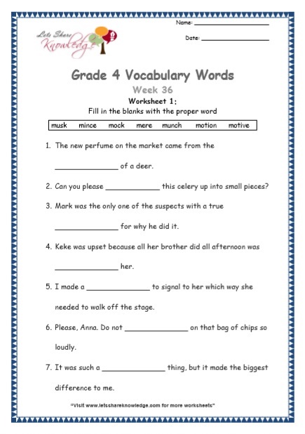 Grade 4 Vocabulary Worksheets Week 36 worksheet 1