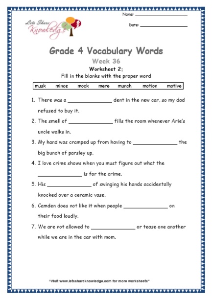 Grade 4 Vocabulary Worksheets Week 36 worksheet 2
