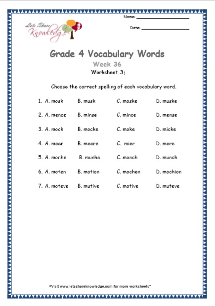  Grade 4 Vocabulary Worksheets Week 36 worksheet 3