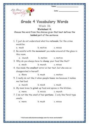 Grade 4: Vocabulary Worksheets Week 36