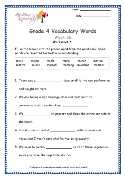  Grade 4 Vocabulary Worksheets Week 36 worksheet 5