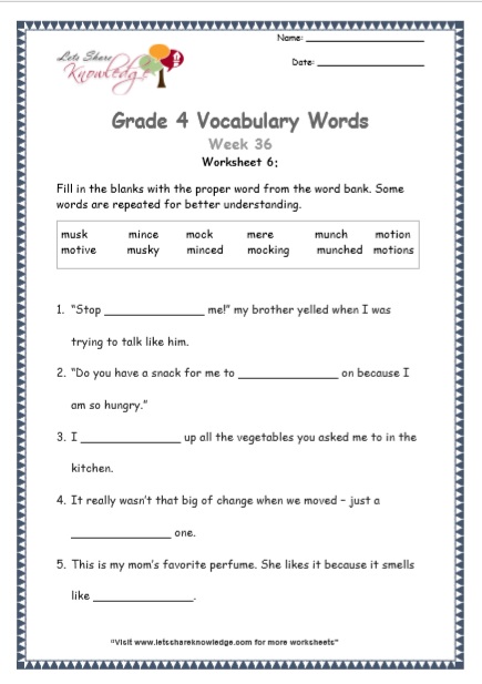  Grade 4 Vocabulary Worksheets Week 36 worksheet 6