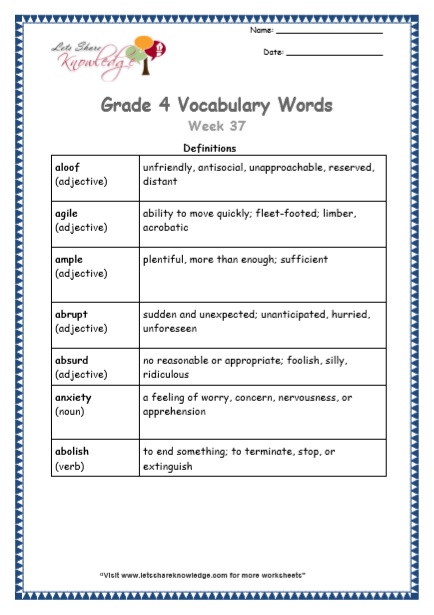 Grade 4 Vocabulary Worksheets Week 37 definitions