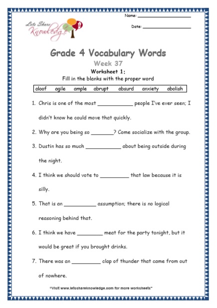 Grade 4 Vocabulary Worksheets Week 37 worksheet 1
