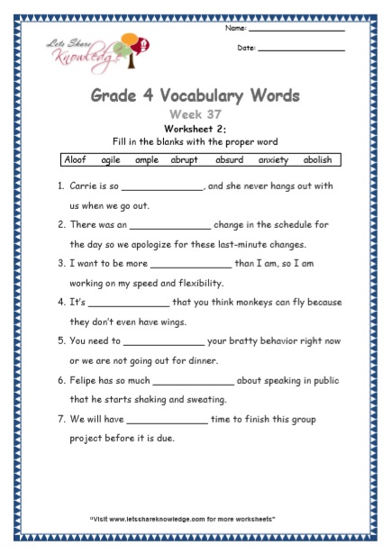 Grade 4: Vocabulary Worksheets Week 37