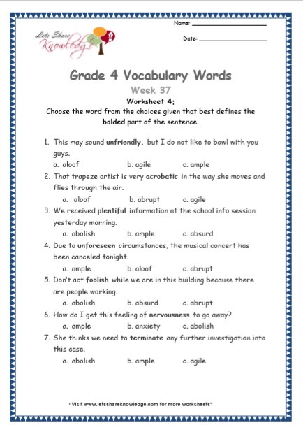 Grade 4 Vocabulary Worksheets Week 37 worksheet 4