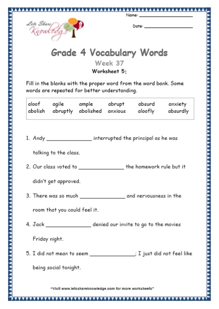  Grade 4 Vocabulary Worksheets Week 37 worksheet 5