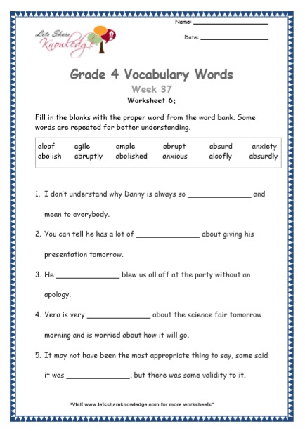  Grade 4 Vocabulary Worksheets Week 37 worksheet 6