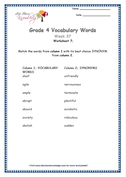  Grade 4 Vocabulary Worksheets Week 37 worksheet 7
