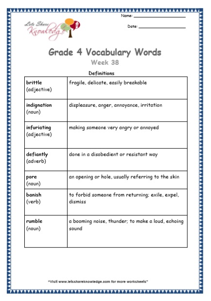 Grade 4 Vocabulary Worksheets Week 38 definitions