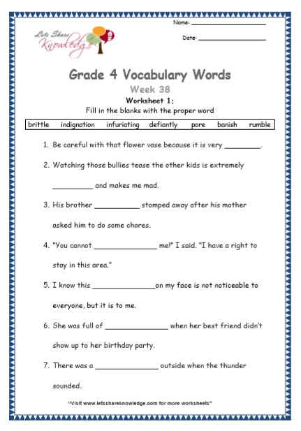 Grade 4: Vocabulary Worksheets Week 38