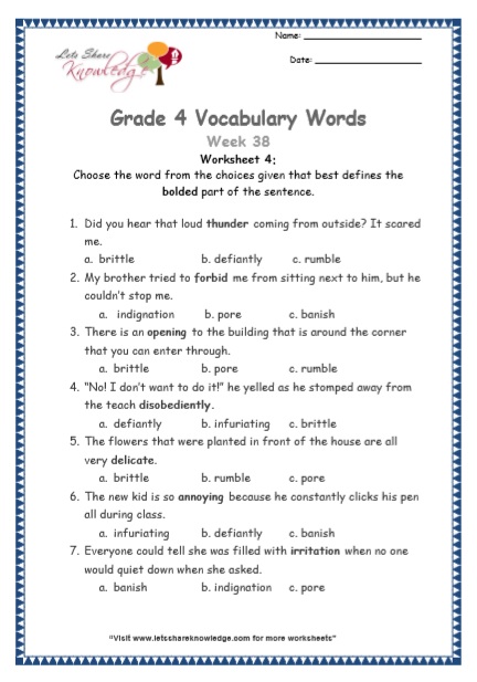  Grade 4 Vocabulary Worksheets Week 38 worksheet 4