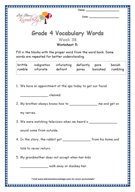  Grade 4 Vocabulary Worksheets Week 38 worksheet 5
