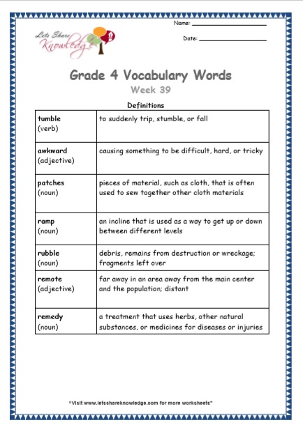 Grade 4 Vocabulary Worksheets Week 39 definitions