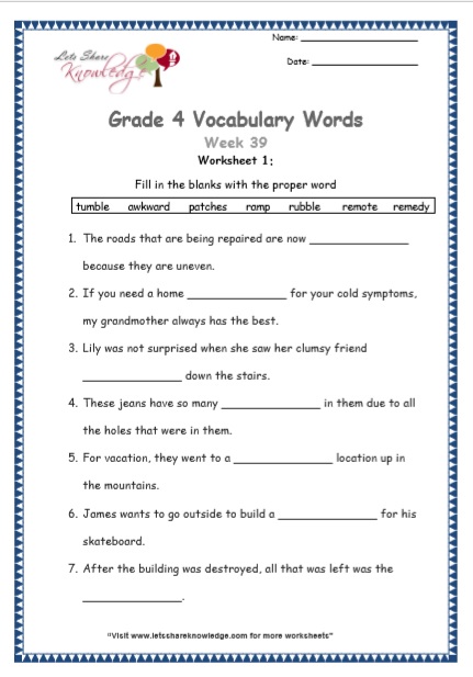 Grade 4 Vocabulary Worksheets Week 39 worksheet 1
