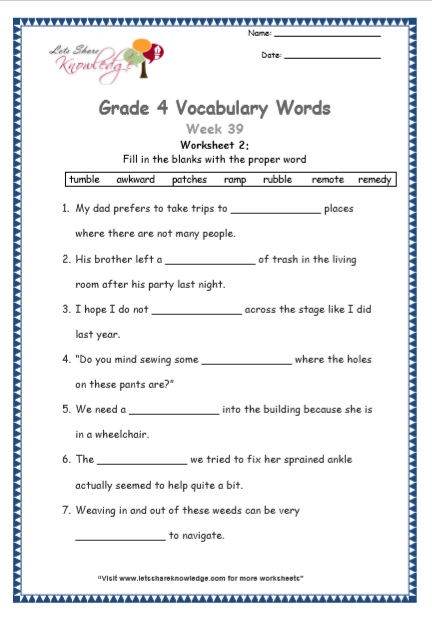 Grade 4 Vocabulary Worksheets Week 39 worksheet 2