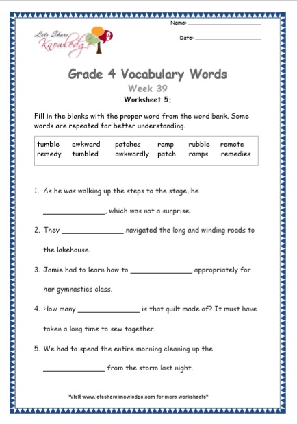  Grade 4 Vocabulary Worksheets Week 39 worksheet 5