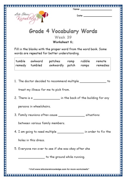 Grade 4: Vocabulary Worksheets Week 39