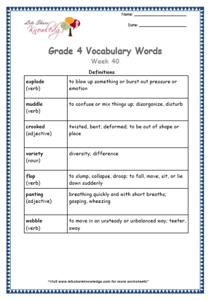 Grade 4 Vocabulary Worksheets Week 40 definitions
