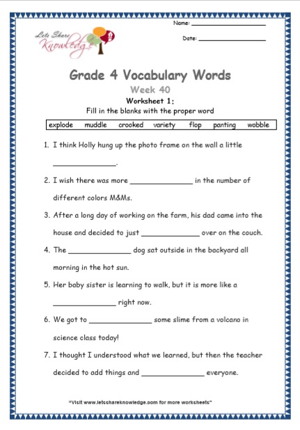 Grade 4 Vocabulary Worksheets Week 40 worksheet 1