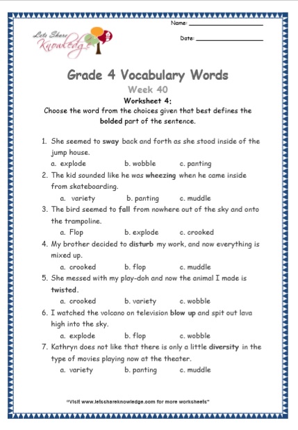  Grade 4 Vocabulary Worksheets Week 40 worksheet 4