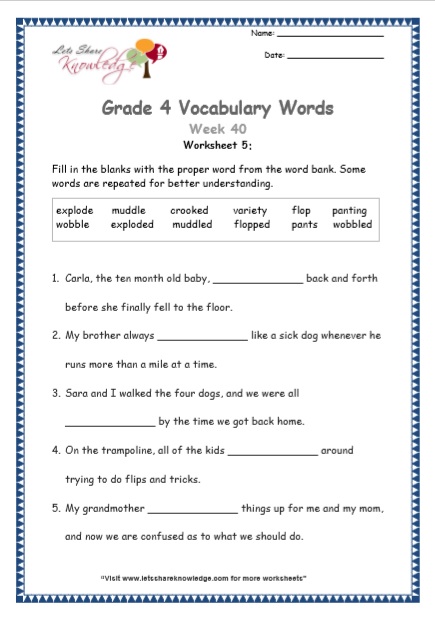  Grade 4 Vocabulary Worksheets Week 40 worksheet 5