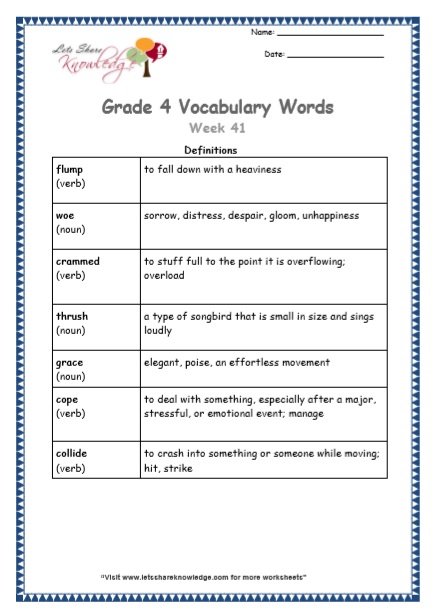 Grade 4 Vocabulary Worksheets Week 41 definitions