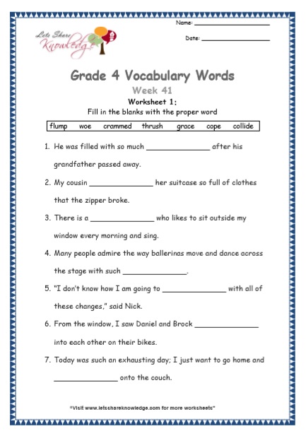 Grade 4 Vocabulary Worksheets Week 41 worksheet 1