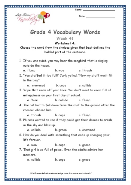  Grade 4 Vocabulary Worksheets Week 41 worksheet 4