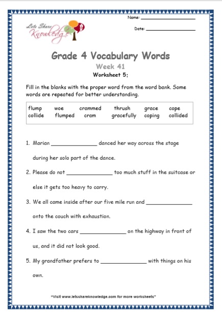  Grade 4 Vocabulary Worksheets Week 41 worksheet 5