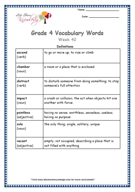 Grade 4 Vocabulary Worksheets Week 42 definitions